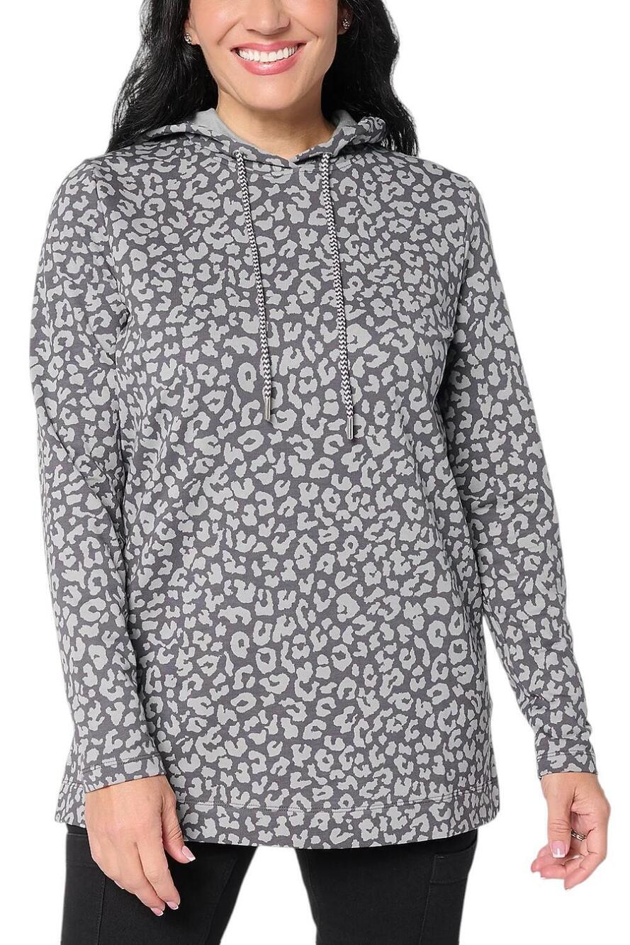 Denim & Co. Active French Terry Animal Print Tunic Pullover Gray - Petite